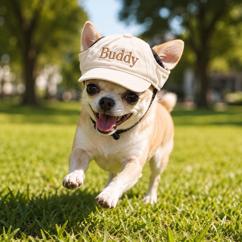 May include: A small, light beige baseball cap with the word Buddy embroidered in brown thread on the front. The cap features a structured brim and a black adjustable chin strap, designed to fit securely on a small dog's head while running.