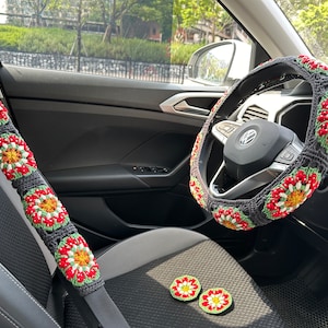 Crochet Steering Wheel Cover,flower Crochet Seat Belt Cover, Steering Wheel Cover crochet,Women car accessories, Crochet car accessories