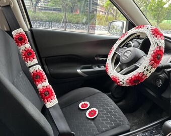 Funda de volante para mujer, hecha a mano, con diseño de margaritas, para cinturón de seguridad, accesorios decorativos para el interior del coche.