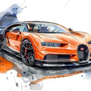 Puede incluir: Ilustración en acuarela de un coche deportivo naranja y negro. El coche tiene un diseño elegante con ruedas negras y un techo negro. La imagen tiene un efecto acuarela con salpicaduras de naranja y azul.