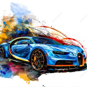 Puede incluir: Una vibrante pintura a la acuarela de un coche deportivo azul con detalles en naranja y negro. El coche se representa en movimiento con pinceladas coloridas de rojo, amarillo y azul. La obra de arte tiene un estilo moderno y artístico.