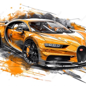 Może przedstawiać: Ilustracja pomarańczowego samochodu sportowego Bugatti Chiron z czarnymi kołami i akcentami. Samochód przedstawiono z artystycznym efektem akwareli, z pomarańczowymi i szarymi pociągnięciami pędzla na białym tle. Widoczne jest logo Bugatti.