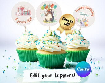 Forest Spirit Cupcake Toppers - Editable Ghibl Birthday Party Decorations (Digital Download)