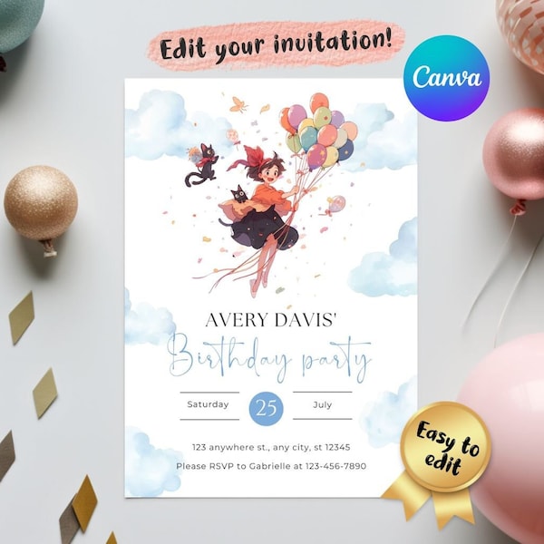 Editable Kiki birthday party invitation, Ghibl customizable Canva invite, digital download kids bday template