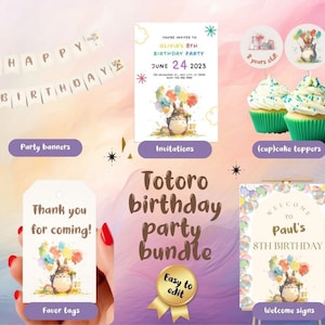 Pacchetto modificabile Forest Spirit Party, decorazioni per compleanno, modello Canva, ghirlanda per compleanno bambini, invito, decorazioni, etichetta bomboniera, cartello di benvenuto digitale