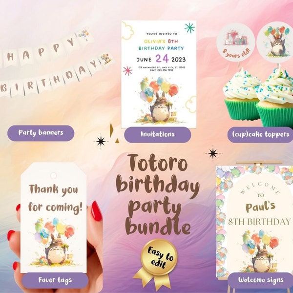 Editable Forest Spirit Party Bundle, birthday deco, Canva template, kids bday garland, invitation, toppers, favor tag, welcome sign digital