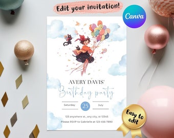 Editable Kiki birthday party invitation, Ghibl customizable Canva invite, digital download kids bday template