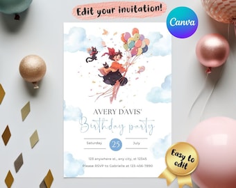 Kiki Little Witch Birthday Invitation, Ghibl Witch and Cat Theme (Digital Download)