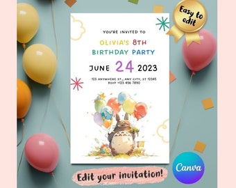 Editable Forest Spirit birthday party invitation, Ghibl customizable Canva invite instant digital download kids bday template tween balloons