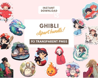 Ghibl clipart bundle - Instant download - 93 pcs - transparent background PNG - digital art - Kiki witch Moving castle forest spirit dragon