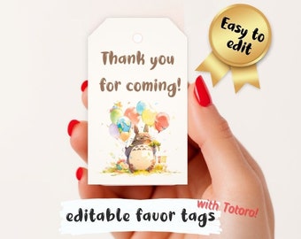 Editable Forest Spirit favor tag, Ghibl customizable Canva template, instant digital download, kids bday gift tag, thank you, tween balloons