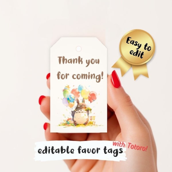 Editable Forest Spirit favor tag, Ghibl customizable Canva template, instant digital download, kids bday gift tag, thank you, tween balloons