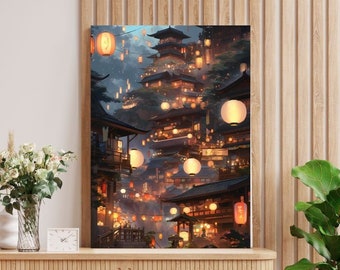 Ghibl Inspired Cityscape Print – Cozy Lantern Night (Digital Download)