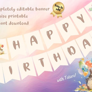 Editable Forest Spirit Party Banner, birthday deco Ghibl customizable Canva template instant digital download kids bday garland balloon flag