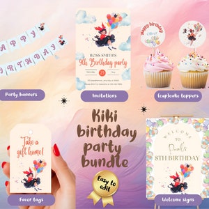 Editable Kiki Party Bundle, little witch & cat birthday deco, Ghibl inspired template, kids bday garland invitation toppers tag welcome