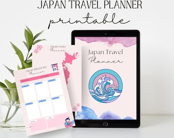 May include: Printable Japan travel planner with a pink and blue watercolor background. The planner includes a route planner, itinerary planner, and a page with a wave design.