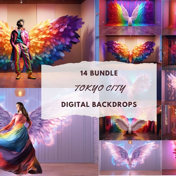 14 digital backdrops - Colorful angel wings bundle - photography backgrounds - rainbow feathers, neon wings - Fantasy Cosplay photoshoot