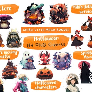 May include: A collection of 134 Halloween-themed PNG clipart images featuring characters and scenes from Studio Ghibli films, including Totoro, Kiki's Delivery Service, Howl's Moving Castle, and Spirited Away. The images are in a cartoon style and feature a variety of colours, including orange, green, purple, and blue.