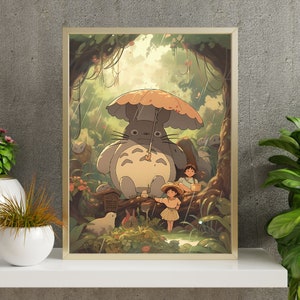 Póster Forest Spirit - Estilo Ghibl - Totro mágico y hermanas en el bosque - Impresión de anime - Póster de papel mate premium Escena de película caprichosa