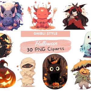 May include: A set of 30 Halloween-themed PNG clipart images in a Ghibli style. The images feature a variety of characters and objects, including a witch, a ghost, a mummy, a pumpkin, a cat, and a bat.