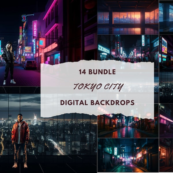 14 digital backdrops - Tokyo streets bundle - photography backgrounds - Japan, neon lights, skyscrapers - Cosplay photoshoot - Streetwear