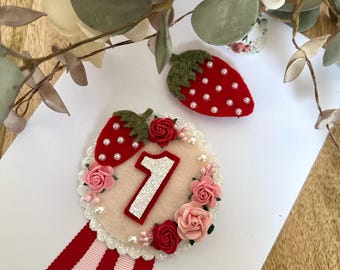 Strawberry First Birthday Badge & Hair Clip Set