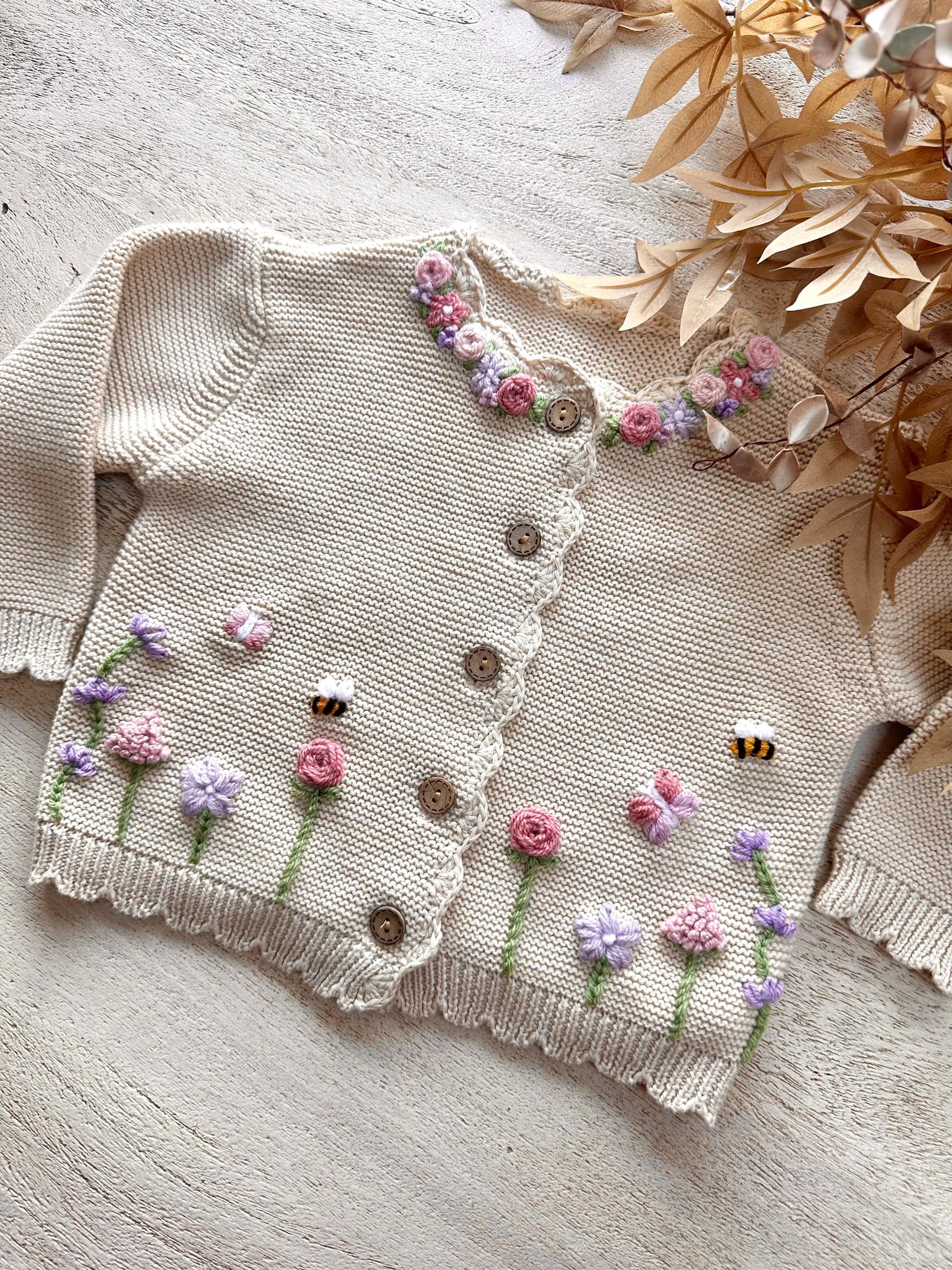 Hand Embroidered Baby Cardigan, Wildflower Floral, Personalized Name