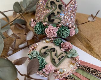 Wild One Birthday Crown and Badge, Handmade Baby Girl Photoshoot Prop