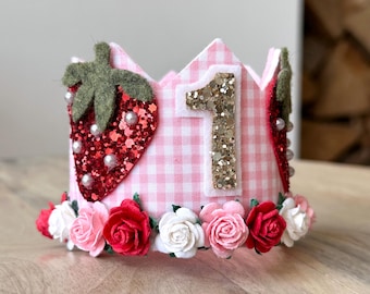 Berry First Birthday Crown, Glitter Strawberry, Pink Gingham