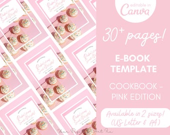 May include: Pink and white e-book template for a cookbook, titled "Pinkalicious Sweet Delights!" by Amelia. The template features a pink background with cupcakes decorated with colourful sprinkles.