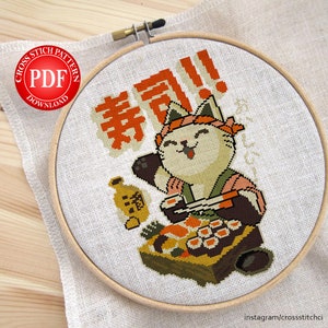 Cat Chef Sushi Cross stitch pattern,  Digital Download, Digital print, instant download