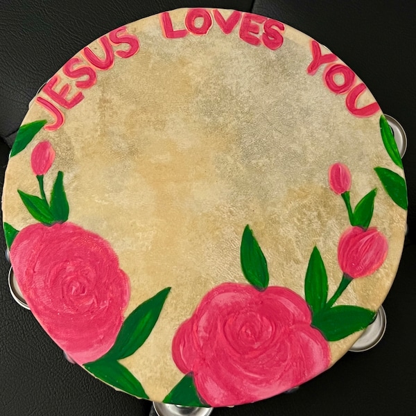 Jesus loves you Hand Painted Roses Text 8 in. Tambourine Praise Worship Instrument Church Sheepskin Drumhead Wood Frame Handmade Instruments