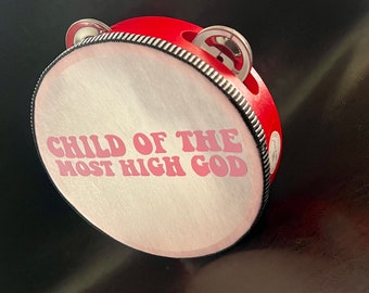 Child of Most High God Custom 5.5 inch Handmade Red Wooden Frame Tambourine Customized Christian Praise Instrument for Church Vegan Drumhead
