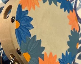 Handpainted Flowers Handmade Tambourine Sheepskin Drumhead Wooden Frame 5.5 Inches