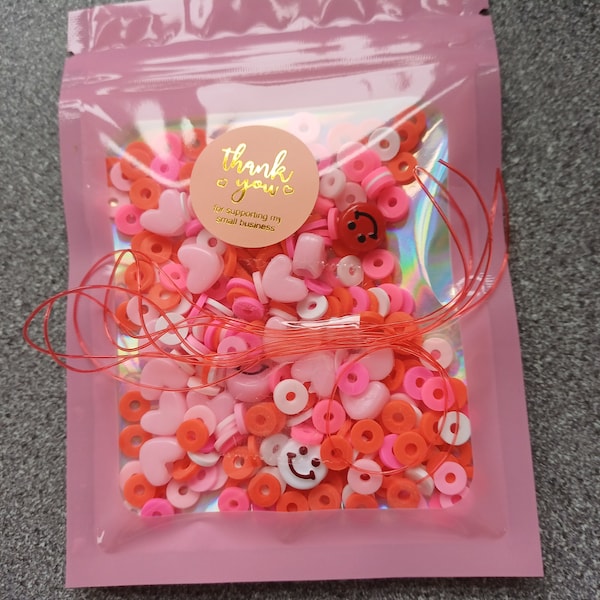 Valentine's day bead confetti, bead soup, red, white, pink, smiley face, hearts, bracelet making, make your own bracelets, Valentines gifts