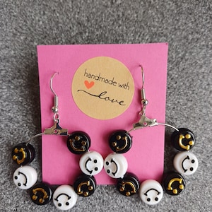 Smiley face black white gold dangly earrings, fun earrings, girls jewellery, gift ideas, happy face earrings, handmade earrings, smiley face