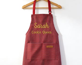 Personalized Apron for women＆kid, Embroidered Adult Baking Breathable Apron,Custom Striped Apron With Pockets,Grill Apron,BBQ Apron for her