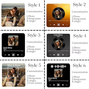 Pode incluir: Seis designs de arte digital com foto e interface de reprodutor de m&uacute;sica. Cada design apresenta uma foto de casal, o t&iacute;tulo da m&uacute;sica "Love Story" e o nome do artista. Personaliz&aacute;vel com foto, nome da m&uacute;sica, cantor e nomes.