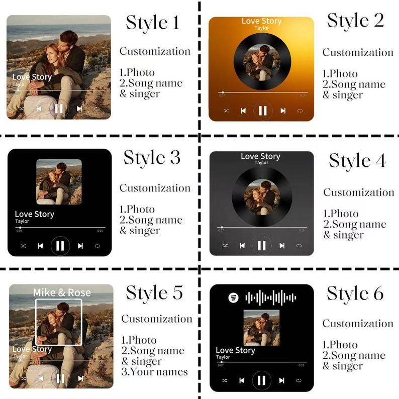Pode incluir: Seis designs de arte digital com foto e interface de reprodutor de m&uacute;sica. Cada design apresenta uma foto de casal, o t&iacute;tulo da m&uacute;sica "Love Story" e o nome do artista. Personaliz&aacute;vel com foto, nome da m&uacute;sica, cantor e nomes.