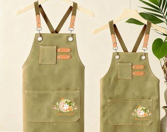 Custom Gift for Parent-Child，Personalized Canvas Apron with Roomy Pockets, Kitchen Apron, Gardening, Apron for Dad and Kids