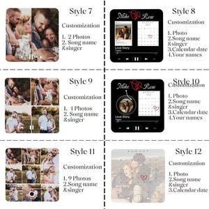 Pode incluir: Uma colagem de presentes fotogr&aacute;ficos personalizados, incluindo estilos com 2, 4 e 9 fotos. Alguns designs apresentam uma interface de reprodutor de m&uacute;sica com detalhes da m&uacute;sica. Outros estilos incluem um calend&aacute;rio com um cora&ccedil;&atilde;o marcando uma data. O texto "Love Story" &eacute; vis&iacute;vel.