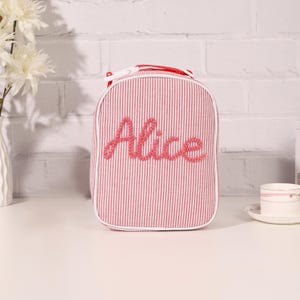 Personalized Seersucker lunch bag for Kids,Custom Hand-Embroidered lunch bag with name,Monogrammed Kids Lunch Bag,Insulated Lunch Bag