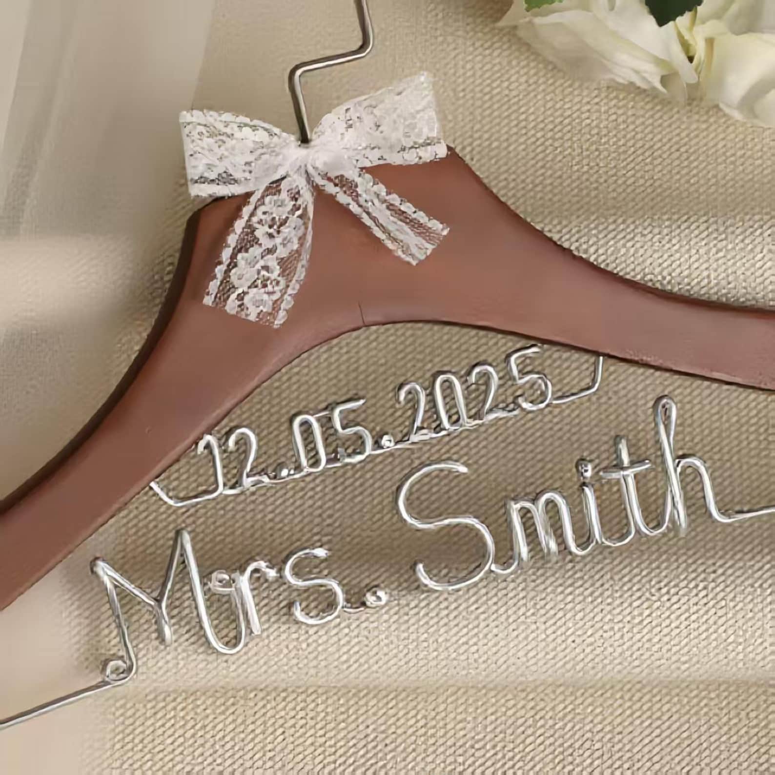 Bride Hanger,Bridesmaid Gift,Wedding Hanger,Personalized Hanger, Wedding Custom Hanger,Dress Hanger. Wedding Gifts, Mrs Hanger,Souvenirs - White & Sliver, No bow