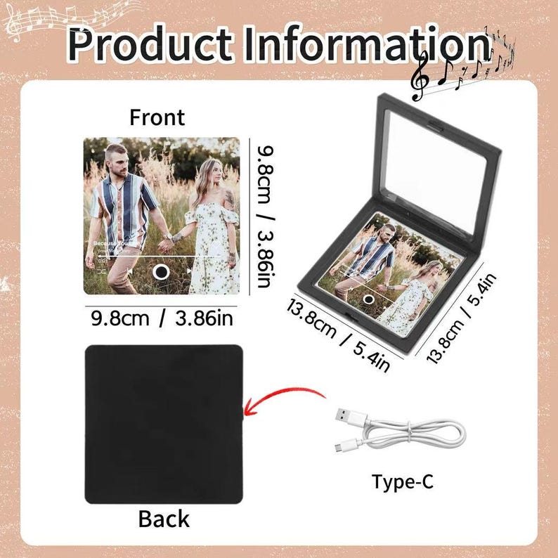 Pode incluir: Moldura de foto flutuante preta com uma foto de um casal, dimens&otilde;es 13,8 cm por 13,8 cm. A imagem tamb&eacute;m mostra a frente e as costas da moldura e um cabo USB Tipo-C. O texto "Product Information" est&aacute; no topo.