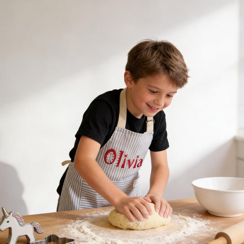 Personalisierte handbestickte Schürze, personalisierte Schürze, Küchenschürze, benutzerdefinierte Kochschürze mit Tasche, Geschenk für Mama, Muttertagsgeschenk Bild 15