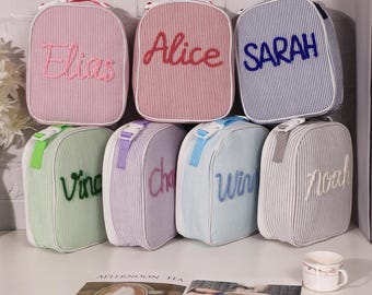 Personalized Seersucker lunch bag for Kids,Custom Hand-Embroidered lunch bag with name,Monogrammed Kids Lunch Bag,Insulated Lunch Bag