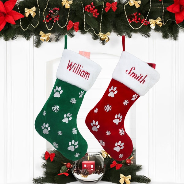 Personalized Dog Paw Christmas Stockings,Name Embroidered Christmas Stockings,Christmas Candy Decorated Stockings,Family Christmas Stockings