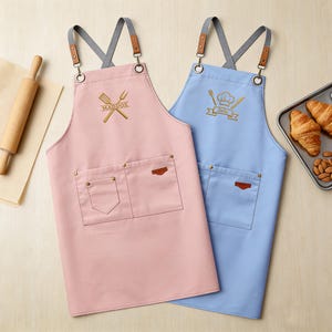 Peut inclure: Deux tabliers, un rose et un bleu clair, avec des détails en cuir marron et des bretelles grises. Chaque tablier a une poche et un motif brodé doré. Le tablier rose dit "MADDOX". Un rouleau à pâtisserie, des croissants et des amandes sont également visibles.