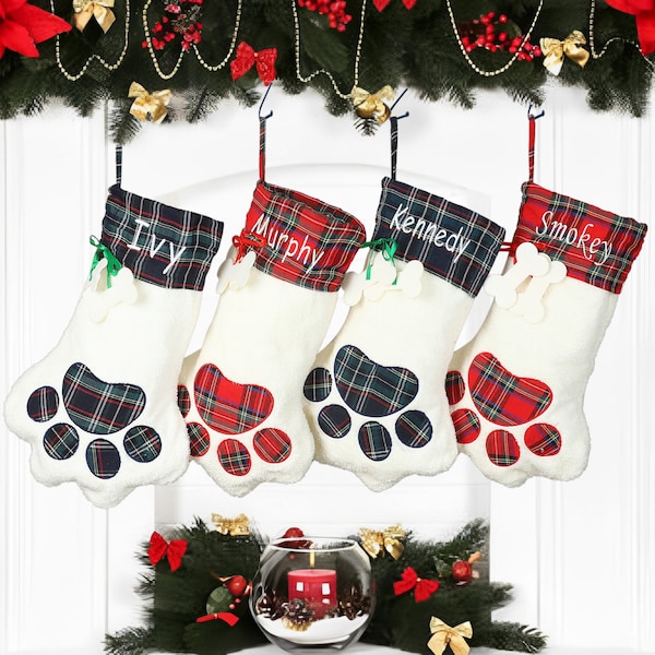 Personalized Dog Paw Christmas Stockings,Name Embroidered Christmas Stockings,Christmas Candy Decorated Stockings,Family Christmas Stockings