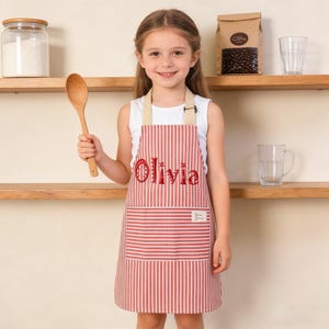 Personalized Hand-Embroidered Apron,Personalized Apron, Kitchen Apron, Custom Cooking Apron with Pocket,Gift for mom,Mother's day gift Light red Kid